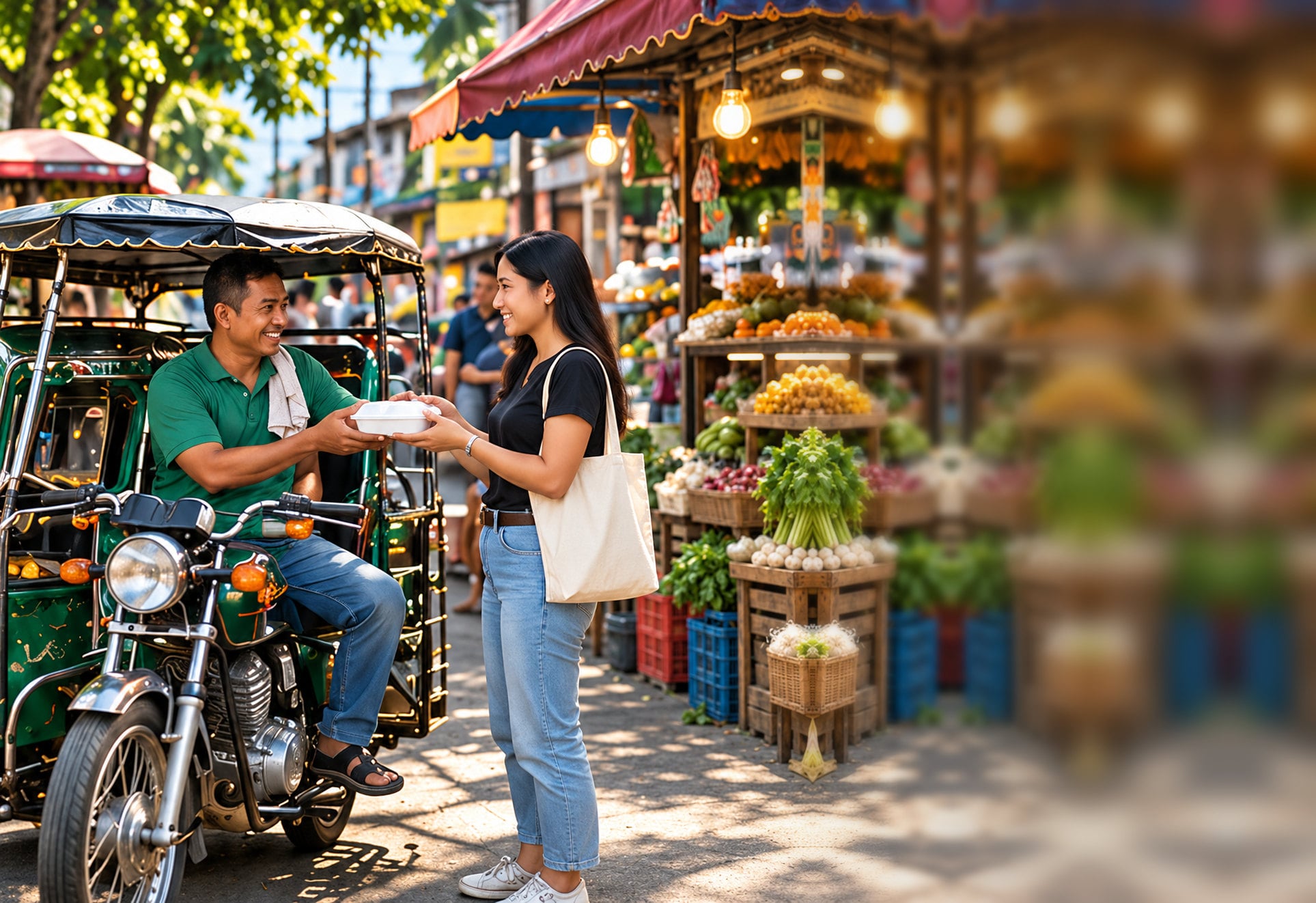 A smiling tricycle driver in a green polo hands a takeout meal to a customer at a sunny neighborhood market.